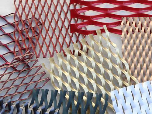  The picture shows different colors and hole shapes aluminum expanded metal facade meshes.