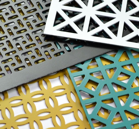 The picture shows different colors and hole shapes aluminum expanded metal facade meshes.